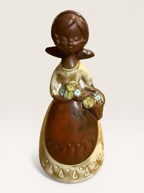 Vintage Japanese Redware Art Pottery Bell Featuring A Flower Girl Design